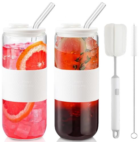 CJWLKJ 24oz Can Shaped Glass Cups Tumbler with Silicone Lids and Glass Straws, 2PCS Drinking Glasses with Lids and Straws, and Silicone Sleeves, Beer Glasses, Iced Coffee Cups, Soda, Gift - White