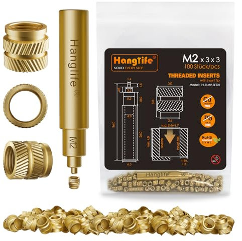 HANGLIFE M2 Inserti Filettati a Caldo con Punte Saldatore Stagno, Inserto Filettato per Componenti di Stampa 3D e Parti in Plastica - Dadi Scanalati Metrici in Ottone (100 Pezzi)