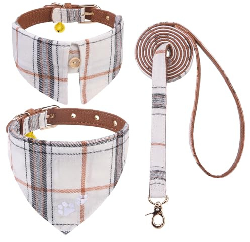 EXPAWLORER Welpenhalsband und Leine, bestickt, Pfotenabdrücke, kariert, kleines Hundehalsband und Leine, niedliches Hundehalstuch mit Glöckchen, verstellbare Hundehalsbänder für kleine Hunde, Katzen,