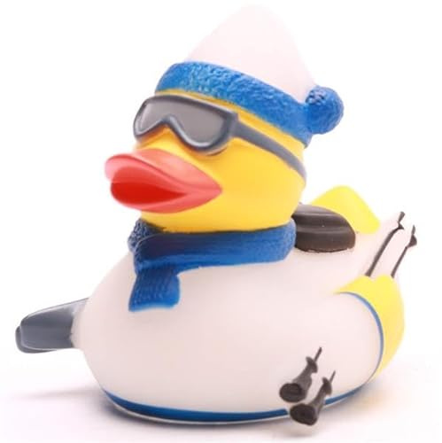 Duckshop I Badeente Schifahrer Weiss/blau I Quietscheentchen I Quietscheente I L: 8,5 cm I Geschenk für Wintersportler
