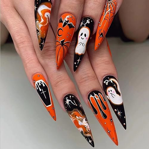 TRENTSNOOK Extra Long Rectangular Press On False Nails Orange Black Gel Adhesive Nails Halloween Style Collection Patterns Long Acrylic Press On False Nail Pads 24pcs For Women & Girls For Halloween(G