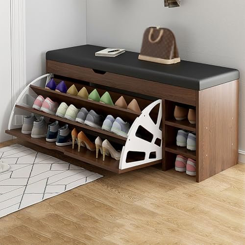 Entryway Shoe Bench with Cushion Seat, Wood Shoe Storage Bench with Doors, Free Standing Shoe Storage Cabinet Hidden Shoes Organizer with Flip Drawer for Hallway (100x30x51cm(39x12x20), Brown)
