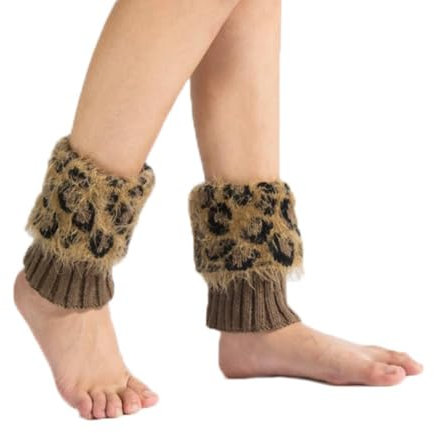 1 Paar Winter Stulpen Damen Gestrickte Beinwärmer Kunstpelz Stiefelstulpen Crochet Kurze Socken Leg Warmers Leopard Faux Pelz Beinstulpen Strick Knöchelwärmer Fußlose Beinstrümpfe(Kaffee,26cm)