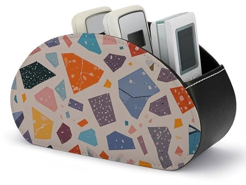 QWNMD Fernbedienungshalter mit 5 Fächern, PU-Leder, Fernbedienungsbox, Tablett, Terrazzo-Marmor, Pastell-bedruckt, Nachttisch, Schreibtisch, Organizer