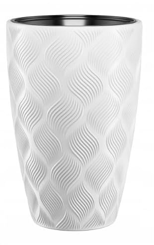 B2C Round Tall Plant Pot Elegant Large Flower Indoor Outdoor Garden Planters Flow High 5 Colours Wave Plastic Textured With insert (White, H48cm x D29cm)