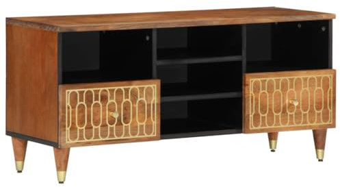 Makastle TV Schrank, TV Board, TV Tisch, TV-Regal, TV Lowboard mit Schubladen und offenen Fächern, Fernsehschrank Fernsehtisch für Wohnzimmer, 100x33x46 cm Massivholz Mango