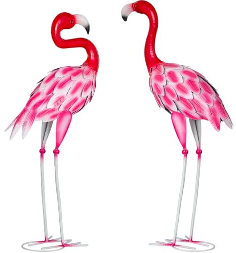 Velibobo 2 Stück Rosa Flamingo Yard Kunst Statuen, Metall Flamingo Garten Skulpturen für Außenbereich Haus Terrasse Rasen Hinterhof Dekor