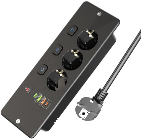 Multiprise encastrable à 3 Prises avec 2 Ports USB A et 2 USB C, Prise Encastrable de Table avec Interrupteur Individuel pour Meuble ou Plan de Travail, Noir