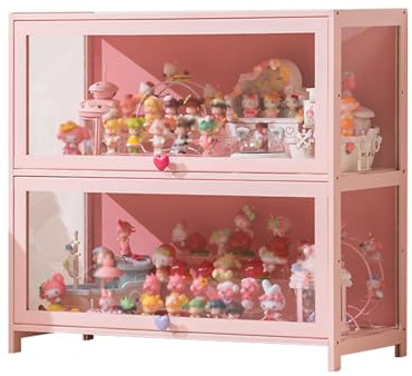 Bambus-Vitrine mit durchsichtigen Türen, mehrstöckige vitrinenschrank für Kuriositätensammlungen mit Klapptür-Design, glasvitrine, Aufbewahrungslösung für Sammlerstücke und Figu Pink 23.6×12.6×28.7in