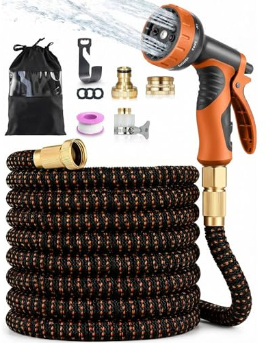 Gartenschlauch Flexibel 45m/150FT, Erweiterbarer Wasserschlauch mit 10-Funktions-Düse, 4-lagiger Latexkern & 3750D-Gewebe, 3/4 und 1/2 Messinganschlüsse für Garten, Reinigung & Bewässerung