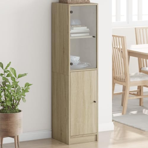 Mokuyary Highboard mit Glastür Sonoma-Eiche 35x37x142 cm Sideboard Kommode, Küchenschrank Aufbewahrungsschrank Beistellschrank für Wohnzimmer, Flur, Küche