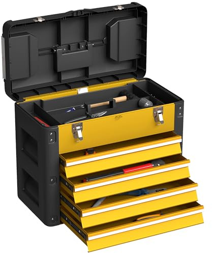 HOMCOM Boîte à Outils à 4 Tiroirs, Plateau Amovible, Caisse Vide, Jaune