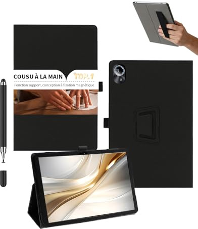 powfix Housse pour Logicom - Tab XXL 14 (14 Pouces) - Étui Ultra-Mince en Cuir PU avec Support Pliable, Porte-Stylet et Dragonne de Sécurité | Coque de Protection Intégrale Antichoc,Noir