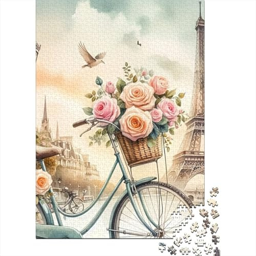 Paris Fahrrad Rosen 1000-teiliges Puzzle aus dickem Karton mit Friedensmotiven, Taubenmotiv, Multipack, Erwachsene und Kinder, anspruchsvolles Knobelspiel, Freizeitaktivität, Geschenk, 52 x 38 cm