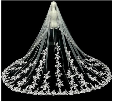 Schleier Braut Weißer Elfenbein 3M 4M 5m Zweischichtiger Hochzeitsschleier mit Kamm, Spitzenkante, Brautschleier, appliziertes Kathedralen-Hochzeitszubehör Brautschleier(Ivory,300cm)
