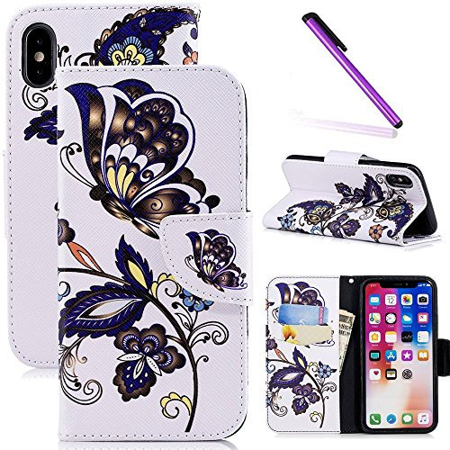 COTDINFOR iPhone X Hülle für Lederhülle Ledertasche Hülle süß Schutzhülle PU Leder Flip Case Protective Cover Tasche Schale mit Magnet Standfunktion Etui für iPhone X Drak Butterfly BF.