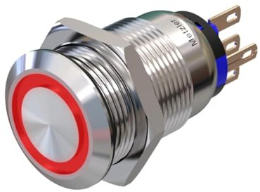 Metzler - Druckschalter 19mm - LED Ringbeleuchtung 230 V Rot - IP67 IK10 - Edelstahl - Flach - Lötkontakte