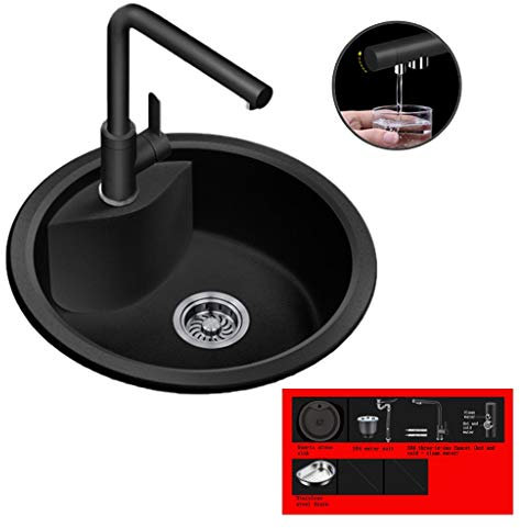 Küchenspülen Geschirr Reinigung Pool Haushalt Quarz-Stein Waschbecken Einzel-Bassin-Wanne Küche Runde Spüle Mini-Wanne (Color : Black, Size : 43.5 * 19.5cm)