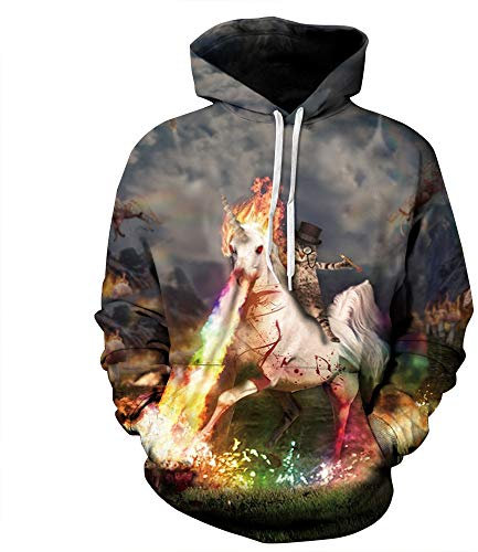 FANSU Herren Damen Kapuzenpullover 3D Hoodie,Creative Sternenhimmel Einhorn Tier Druck Unisex Freizeit Sweatshirt Pullover Langarm Paare Hoodies mit Tasche (L/XL,Cat Ritter)