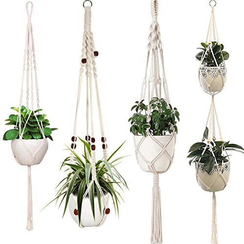 Sixyotie Macramé - Vaso sospeso macramé per piante in corda di cotone, 4 gambe, vaso sospeso per piante, decorazione per interni esterni, stile boemia, tessuti a mano, fiori in macramé (4 pezzi)