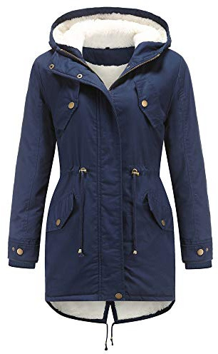WERVOT Damen Parka Winterjacke mit Kapuze, Baumwolle Kordelzug Hoodie Fleece Gefüttert Mantel Warme Fell Jacke Outdoor Lang Coat Mit Taschen
