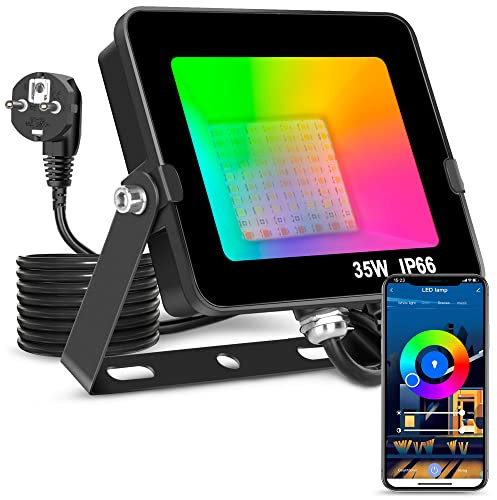 LED Strahler 35W Smart RGB Farbwechsel Flutlichter Bluetooth APP Control IP66 Wasserdichtes dimmbares Atmosphärenlicht für dekorative Bühne Landschaft Garten Baum scheinwerfer EU 2 pin plug(1 Stück)