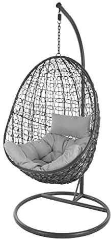 KIDEO Komplettset: Hängesessel mit Gestell & Kissen, Korbsessel, Poly-Rattan (Gestell- und Korbfarbe: dunkelgrau, Kissen: grau Chester-Stepp (8008_Cloud))
