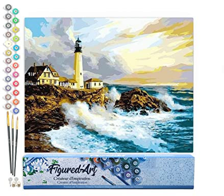 Figured'Art Peinture par Numéro Adulte Tempête près du Phare - Activité Manuelle Kit de Loisir Créatif DIY Numéro d'Art Complet - 40x50cm sans châssis en bois