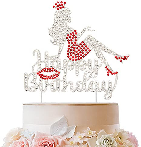 LINGTEER Happy Birthday Crown Lady Strass-Kuchenaufsatz – Cheers to Makeup Spa Geburtstag Party Tortenaufsatz Dekorationen Geschenk Schild – Rot.