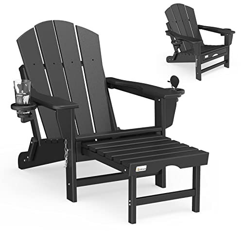 Mdeam Adirondack Klappstuhl mit einziehbarer Ottomane, HDPE Allwetter-Feuerstelle Stuhl mit 2 Getränkehaltern, Outdoor-Stuhl für Terrasse, Garten, Hinterhof, Rasen (Schwarz)