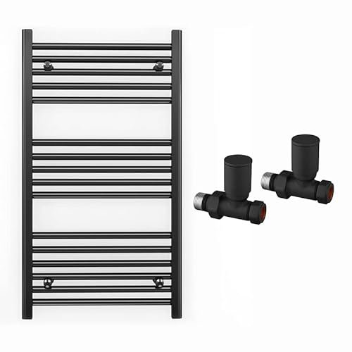 Myhomeware 600mm Wide Straight Black Heated Bathroom Towel Rail Radiator With Valves For Central Heating UK (With Black Straight Valves, 600 x 900mm (h))