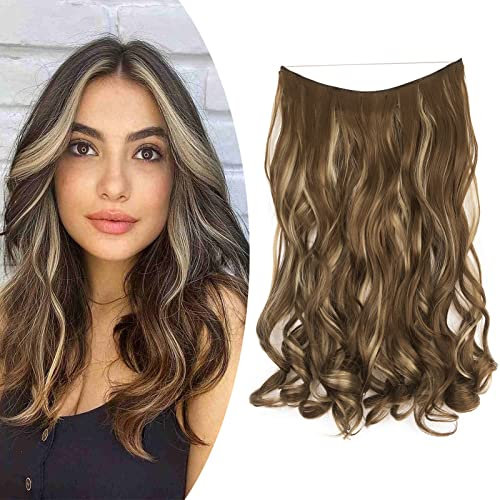 Gairyan Secret Hair Extensions mit Draht 45cm Haarteil mit Verstellbarer Unsichtbarer Synthetik Haare Invisible 1 Tresse Lange Gewellt Lockige Haarverlängerung Kunsthaar (Aschbraun & Naturblond)