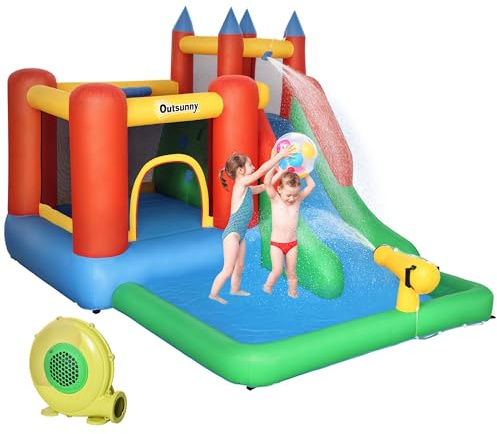 Outsunny Gioco Gonfiabile per Bambini 3-8 Anni con Scivolo, Trampolino, Piscina, max 4 Bambini, 330x245x215cm