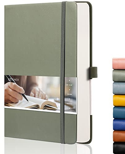 EMSHOI A5 Notebook Dotted Journal - 21.4 x 14.5 cm, 256 Pages, 120gsm Thick Paper, Pen Holder, Back Pocket, Hardback Faux Leather Notepad for Women Men Bullet Journaling - Green