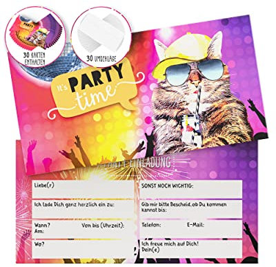 Weidebach® EINLADUNGSKARTEN GEBURTSTAG (30 Karten + 30 Umschläge) Geburtstagseinladung für Jungen, Mädchen, Erwachsene zum Ausfüllen. Lustige Party Cat Einladungskarte für Jungen & Mädchen.