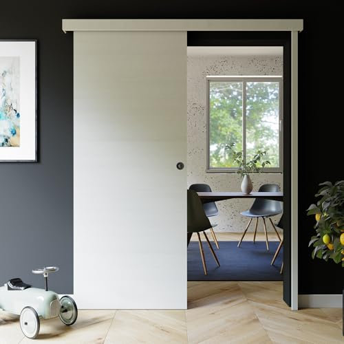 Mon Marché Déco Kit Porte Coulissante Helsinki Avec Rail 83 cm, Système Coulissant en Applique, Rail Coulissant Breveté en Aluminium Coulicool, Gain de Place et Sécurité - Avec Serrure