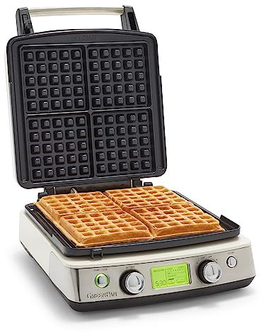 GreenPan Elite 4-Square Belgian & Classic Waffle Iron, Healthy Ceramic Nonstick Aluminum Dishwasher Safe Plates, Adjustable Shade/Crunch Control, Wont Overflow, Easy Cleanup Breakfast, PFAS-Free,White