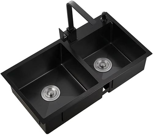 BTZHY Spülbecken/Einbauspüle,Edelstahl-Haushaltsspüle mit Ablaufloch Schwarz, mit quadratischer Hahnstange Prep Edelstahl-Haushaltsspüle mit Ablaufloch, 304 Edelstahl tiefes Doppelwaschbecken, DRO