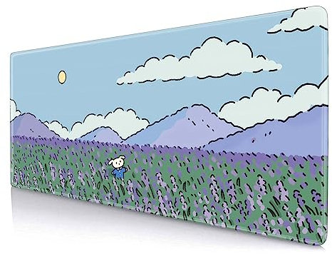 HUOCAIREN Anime Lavender Desk Mat, Cute Mousepad, Kawaii Landscape Japan Deskmat Mat, Green Purple Blue XL Large XXL Gaming Keyboard Mouse Pad