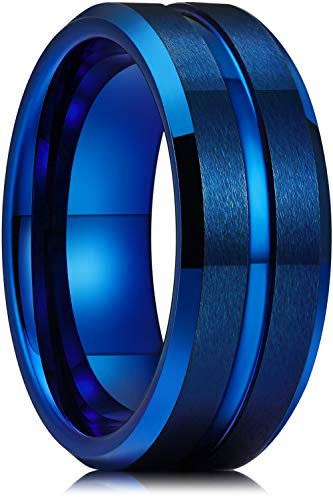 King Will 8mm Basic Wedding Ring For Men Blue Electroplated Tungsten Ring with A Thin Polished Center Inlay Design Brushed Matte Surface Smooth Beveled Edge Comfort Fit 10.5