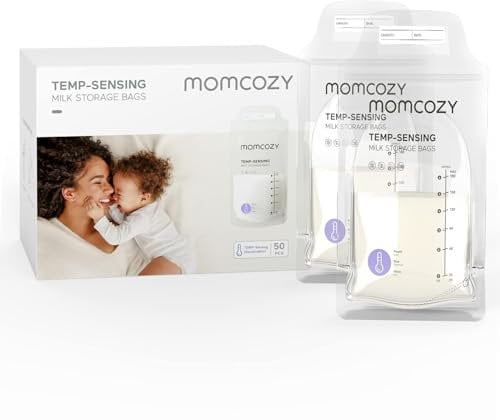 Momcozy Muttermilch-Aufbewahrungsbeutel, 50 Stück Temp-Sensing Verfärbung, Milchaufbewahrungsbeutel zum Stillen, Einweg-Milch-Aufbewahrungsbeutel mit 180 ml selbststehenden, auslaufsicheren