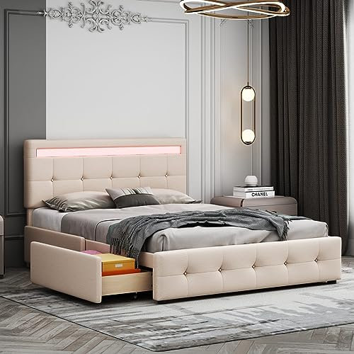 Lit rembourré 140 x 200 cm avec LED, sommier à Lattes et Rangement sur roulettes, lit Simple avec tête de lit et 4 tiroirs,lit pour Enfants, Adolescents et invités (Matelas Non Inclus)