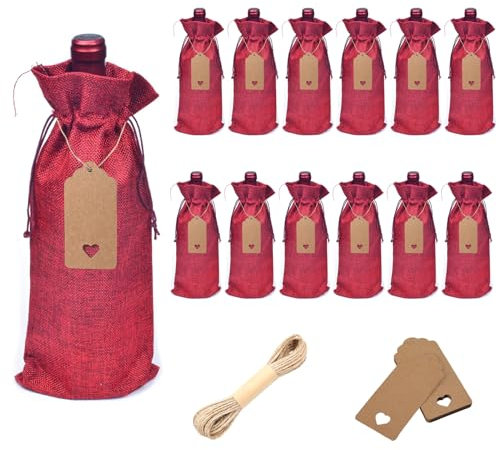 FainFun Bolsas de Yute para Botellas de Vino, 750ml Bolsa para Botella de Vino con Cordón, 12 Piezas Bolsa para Vino Regalo, Petróleo, Fiestas, para Bodas, Celebraciones, Navidad (Putrefacción)