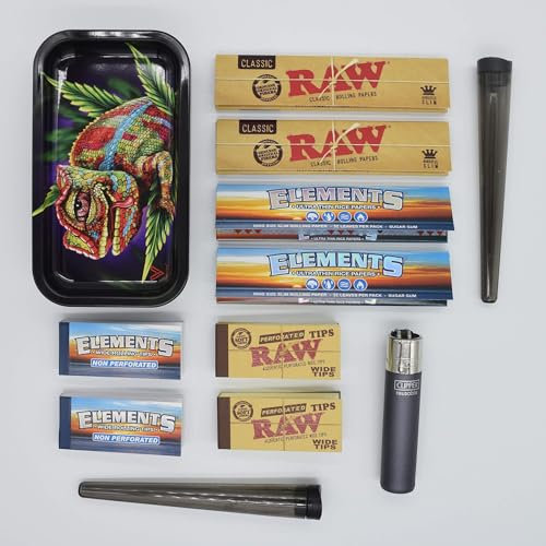 Chameleon Metalldose Box mit Rolling Tray Stoner Set/Kiffer Kit mit Clipper, Longpapers, Filtertips und Joint Tubes - perfektes Kiffergeschenk!