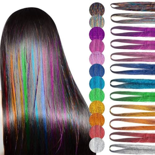 Hair Tinsel Kit - 12 Colors Glitter Extensions, Sparkling Shiny Strands and Accessories for Kids, Girls, Women, Cosplay Party