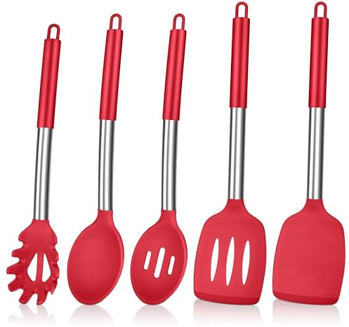 Herogo Kitchen Utensils Set, 5 Pieces Silicone Cooking Utensil with Stainless Steel Handle, Heat Resistant Kitchen Cooking Tools Turner Spoon Spatula for Nonstick Cookware Pan – Red