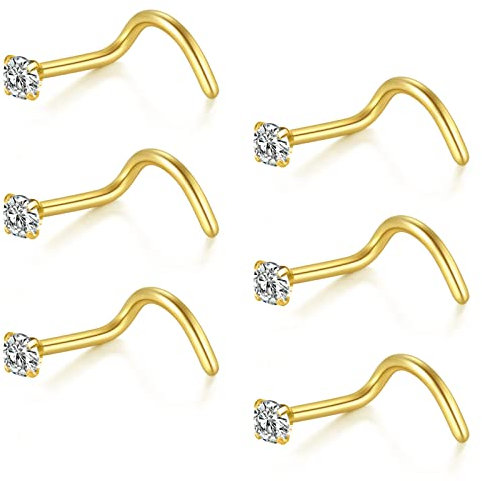 FECTAS Nasenring Schraube Nasenstecker 20G Korkenzieher Nasenpiercing Schmuck Edelstahl 2mm Diamant CZ Gold