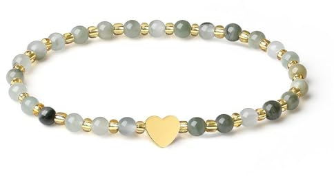 MetJakt Handgemachter Naturstein Perlenarmband 4MM Mini Stretch Armband Energiearmbänder 18k vergoldet Herz Armbänder für Damen Damenschmuck Echtes (Gras Jaspis)