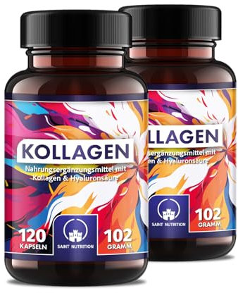 NEU: Saint Nutrition® Kollagen + Hyaluron Kapseln hochdosiert 1000 mg Tagesdosis mit Vitamin C, MSM, Zink & Biotin - Nahrungsergänzungsmittel für Haut, Haare & Nägel – 2 Stück
