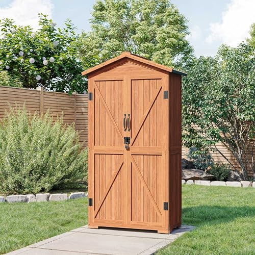 BELLEZE Abri de rangement extérieur avec 4 étagères amovibles, abri de jardin en bois verrouillable avec toit imperméable, abri de jardin extérieur haut pour terrasse, jardin, pelouse, cour – Bois